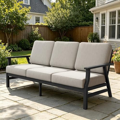 Pia Ricoo Outdoor Premium Teak Wood Couch with Armrests, All‑Weather Outdoor Furniture for Backyard, Deck, Lawn, Light Camel/Dark