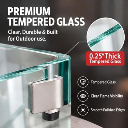 AMS 43” SS Rectangular Clear Tempered Glass Wind Guard Fire Pit Table