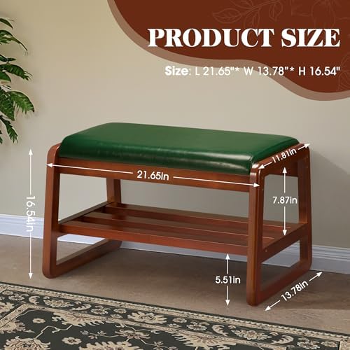 Solid Wood Shoe Rack, Entryway Shoe Bench with Cushion, 2 Tier Shoes Organizer for Entryway, Hallway, Living Room-(Green,21.65"-S)