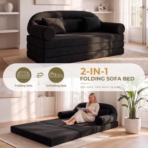 63" High-Back Futon Sofa Bed, Tri-Fold Boneless Couch | Black