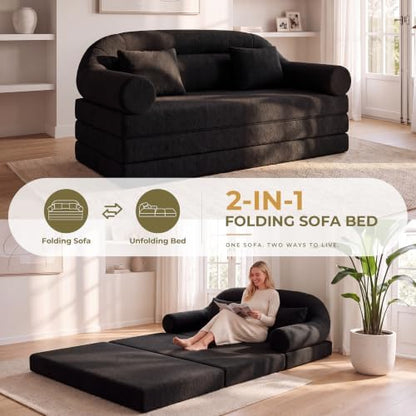 63" High-Back Futon Sofa Bed, Tri-Fold Boneless Couch | Black