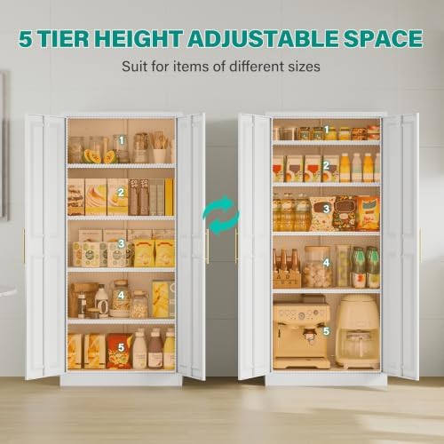 SISESOL 71" Tall Storage Cabinet with 2 Door and 5 Shelves, Wide & Deep Kitchen Pantry Cabinet, White Metal Cabinets,Large Cupboard for Home,Kitchen,Laundry