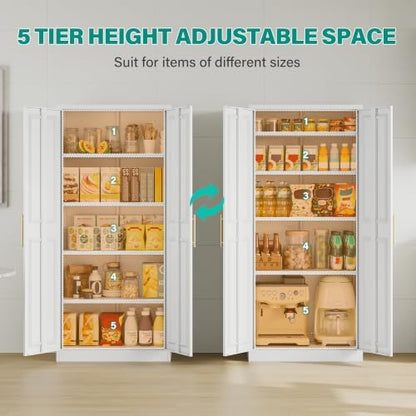 SISESOL 71" Tall Storage Cabinet with 2 Door and 5 Shelves, Wide & Deep Kitchen Pantry Cabinet, White Metal Cabinets,Large Cupboard for Home,Kitchen,Laundry