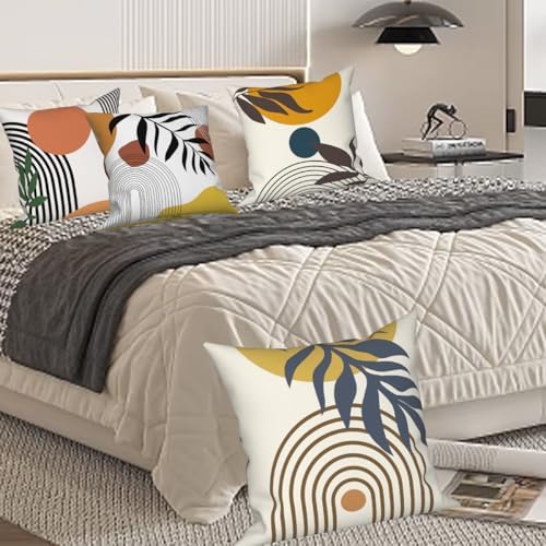 4 Pcs/Set Abstract Line Throw Pillow Covers Boho Sun Moon Arch Botanical Leaves Geometric Lines Plants Linen Throw Cushion Cases for Couch Sofa Bedroom Decorative, 22"x22"