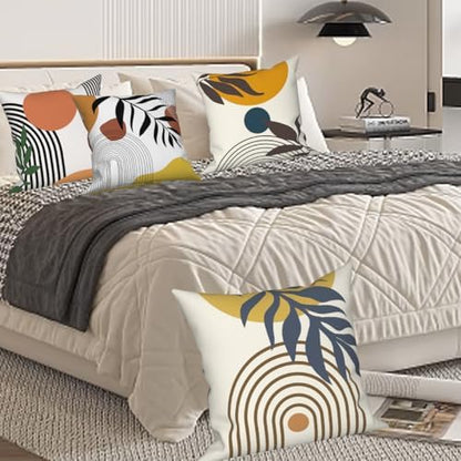 4 Pcs/Set Abstract Line Throw Pillow Covers Boho Sun Moon Arch Botanical Leaves Geometric Lines Plants Linen Throw Cushion Cases for Couch Sofa Bedroom Decorative, 22"x22"