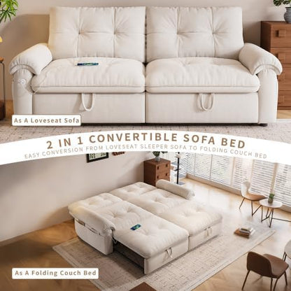 77" Convertible Queen Sofa Bed with USB Port & Side Pockets, White