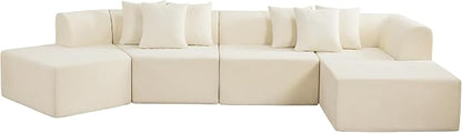 140''Oversized Cloud Velvet Curved Sectional Couch, Boneless Couch with L-Shape Chaise, Upholstered Compression Memory Foam Modular Sectional Sofa for Living Room, No Assembly Required, White