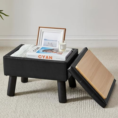 Storage Ottoman, Small Foot Stool Ottoman with Storage, Faux Leather Foot Rest with Wood Legs, Footstool for Living Room, Bedroom, Entryway, Black