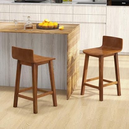 GIANTEX 24.5" Bar Stools Set of 2, Counter Height Bar Stools w/Low Back & Footrest, Farmhouse Wooden Bar Dining Chairs, Armless Wood Barstools for Kitchen Island, Pub, Kitchen, Cafe, Breakfast, Brown