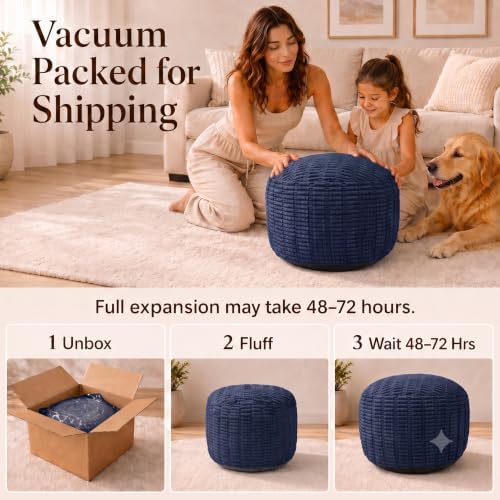 Round Pouf Ottoman, Navy Blue, 20"x13", Corduroy Foot Rest