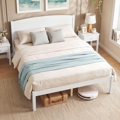 KOMFOTT Full Size Bed Frame, Wooden Platform Bed with Curved Headboard