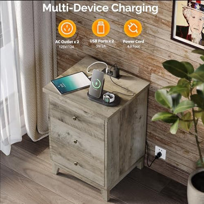 VINGLI Nightstand with Charging Station, Grey Wood Nightstand for Bedroom, 3 Drawer Gray Night Stand with Drawers, Gray Bedside Table, Rustic Grey