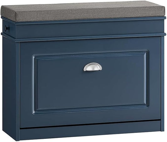 Haotian Shoe Storage Bench with Cushion, Navy Narrow Shoe Rack for Entryway, Small Shoe Cabinet with Flip-Drawer, Closet Hallway Mudroom FSR82-L-B