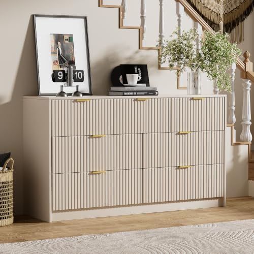Beige 7 Drawer Dresser for Bedroom, 55.1" Wide Fluted Wood Dresser