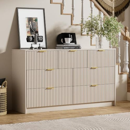 Beige 7 Drawer Dresser for Bedroom, 55.1" Wide Fluted Wood Dresser