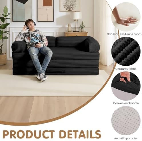 Convertible Sofa Bed Full,5-in-1 Tri-Fold Boneless Couch with Removable Armrests & Handle,Corduroy Futon Sleeper Sofa,Floor Folding Mattress Pull Out Bed for Small Space Apartment Bedroom Black