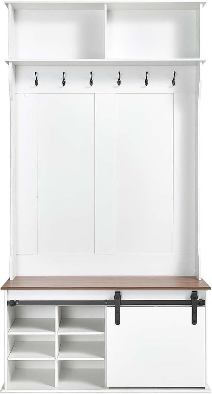 VEVOR Hall Tree with Bench and Shoe Storage, 42" Wide, Entryway Hall Tree with Bench, Hanging Hooks, Storage Shelves, Adjustable Shoe Shelves, Wooden Furniture for Mudroom, Entryway, Hallway, White