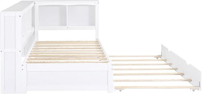 Bellemave Twin Corner Bed Frame with Trundle and USB Ports, Wood Twin Daybed with L-Shaped Bookcase，Daybed with Storage Cabinets, White