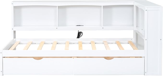 Bellemave Twin Corner Bed Frame with USB Ports, Wood Twin Size Daybed with L-Shaped Bookcase and 2 Drawers，Daybed with Storage Cabinets, White