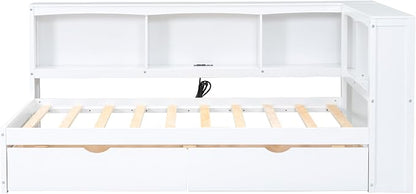 Bellemave Twin Corner Bed Frame with USB Ports, Wood Twin Size Daybed with L-Shaped Bookcase and 2 Drawers，Daybed with Storage Cabinets, White