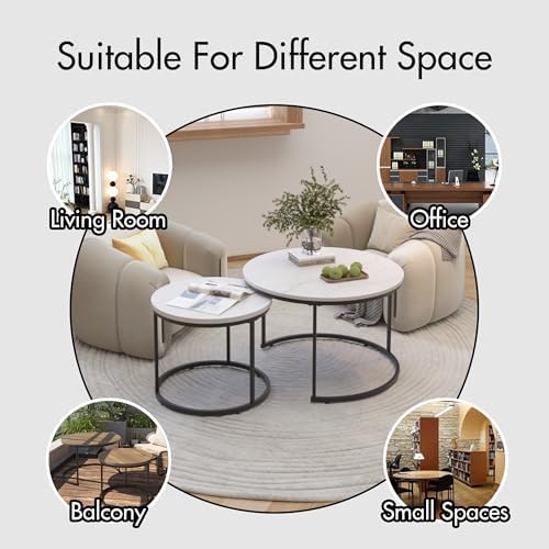 27.6" Round Nesting Coffee Table Set of 2, White & Black Marble