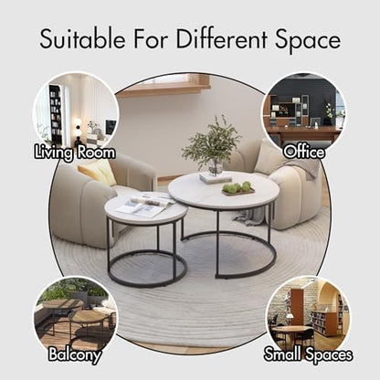 27.6" Round Nesting Coffee Table Set of 2, White & Black Marble