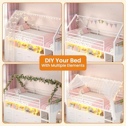 Low Loft Bed Twin Size with 8 Storage Drawers, LED House Loft Bed
