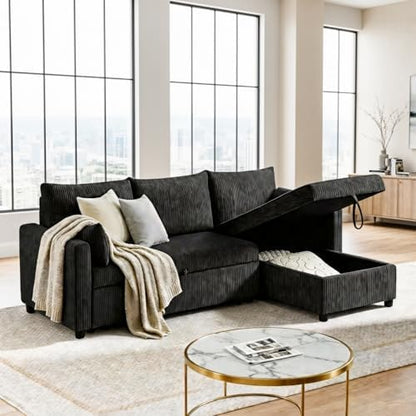 Queen Sleeper Sofa, Convertible Sofa Bed with Storage, 85 Inch Sectional Couch with Pull Out Bed, L Shaped 3 Seat Sectional Sleeper Sofa for Living Room, Apartment, Black