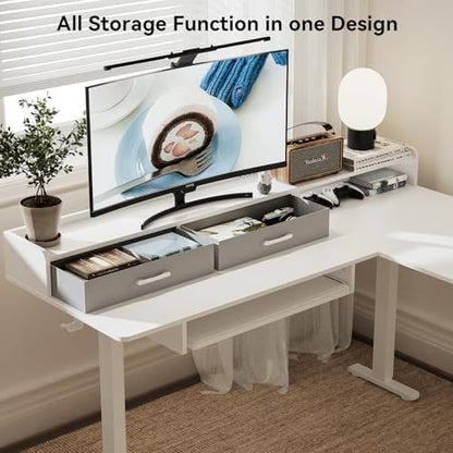 WALKINGDESK 63 Inches Height Adjustable L Shaped Standing Desk with 2 Drawers and Keyboard Tray, Electric Sit to Stand Home Office Comupter Table, Ergonomic Corner Gaming Desk, White