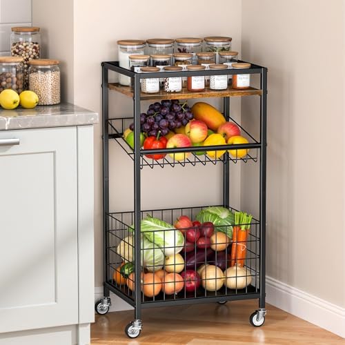 Fruit Vegetable Cart, 3-Tier Snack Cart on Wheels & Wood Top, Brown