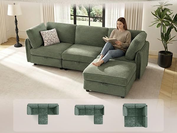 KKL Sectional Couches L-Shaped for Living Room 4 Seater Modular Couch with Storage Ottoman, Plush Wide-Wale Corduroy Couch,Modular Sectional Sofa, Apartment, Modern Design, Green