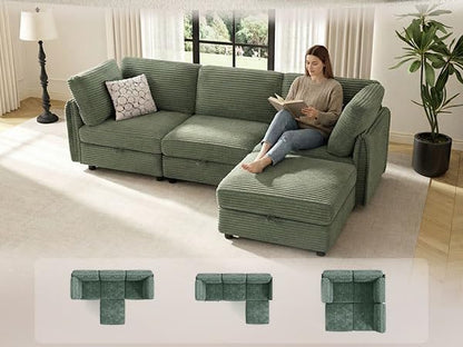 KKL Sectional Couches L-Shaped for Living Room 4 Seater Modular Couch with Storage Ottoman, Plush Wide-Wale Corduroy Couch,Modular Sectional Sofa, Apartment, Modern Design, Green