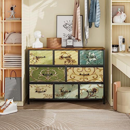 8 Drawer Dresser for Bedroom, Wide Vintage Fabric Chest of Drawers