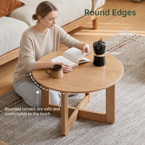 100% Solid Oak Wood Round Coffee Table, 2-Tier Small Wood Center Table