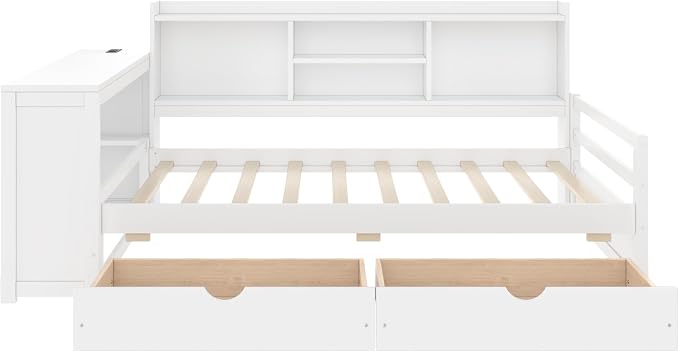 Bellemave Twin Size Corner Bed Frame with Storage Drawers and Desk,Captain L-Shaped Daybed with Bookcase,Corner Bed Frame Twin Size with Charging Station for Kids,Teens,Guests,White