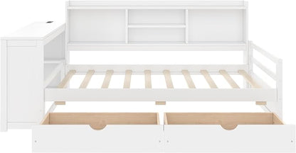 Bellemave Twin Size Corner Bed Frame with Storage Drawers and Desk,Captain L-Shaped Daybed with Bookcase,Corner Bed Frame Twin Size with Charging Station for Kids,Teens,Guests,White