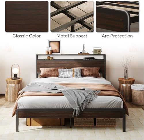 LIKIMIO Queen Bed Frame with 2-Tier Storage Shelf Headboard