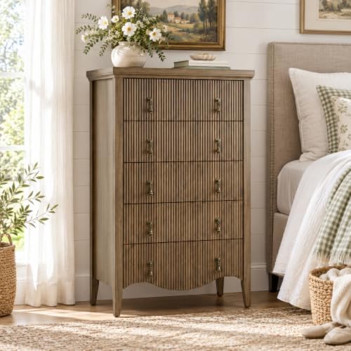 5-Drawer 47" Tall Fluted Dresser, Vertical Chest of Drawers,Light Oak