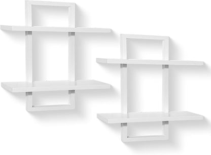 PHOENANCEE Floating Shelves for Wall,Display Hanging Shelf Set of 2,Modern Decorative Plants Shelves,Wood Home Decor Storage Chic for Living Room Bedroom Bathroom Office,Oak Frame,2-Tier,White