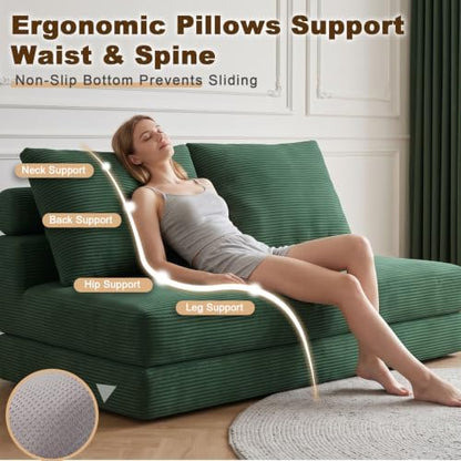 Folding Sofa Bed, 3-in-1 Convertible Sleeper Chair Bed with Pillows, Foldable Boneless Couch with High-Density Foam, Futon Floor Couch for Living Room Bedroom Lounge, Loveseat, Green