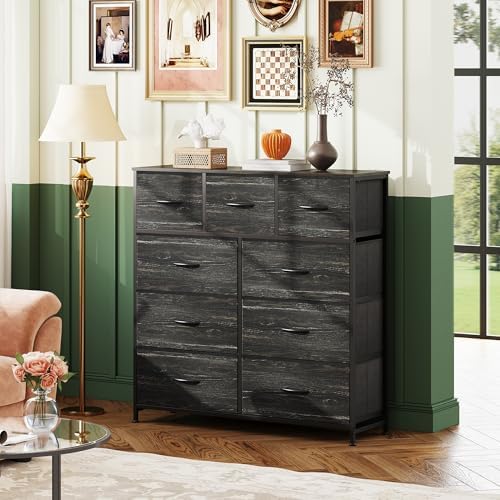 WLIVE Tall Dresser for Bedroom, 9 Drawer Chest of Drawers, Black Wood Grain