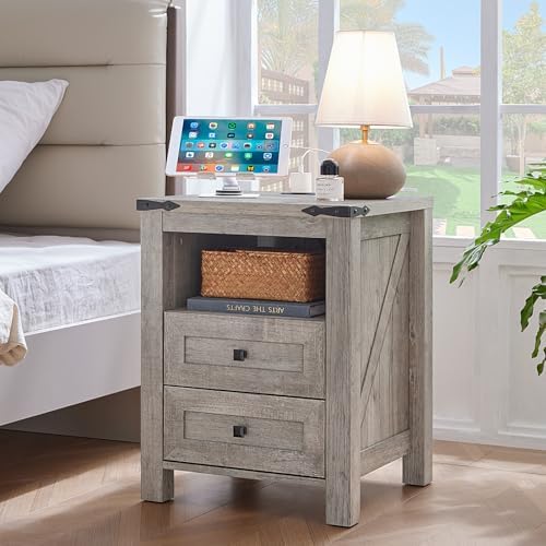 Joaxswe Nightstands Set of 2 with Charging Station and 2 Drawers, Farmhouse