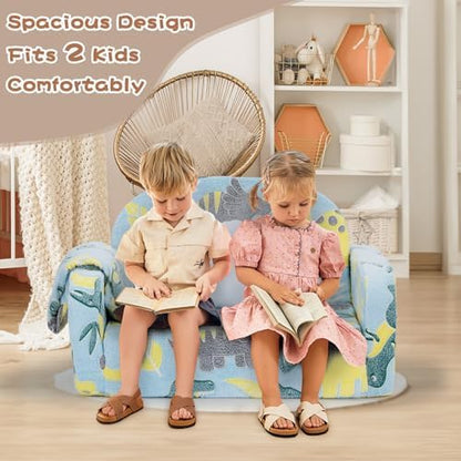 Extra Wide Kids Couch, 2-in-1 Soft Toddler Couch with Blanket, Glow in The Dark, Comfy Toddler Chair with Cloud Pillow, Convertible Sofa, Dinosaur