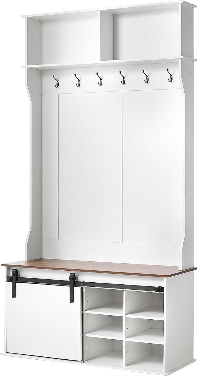 VEVOR Hall Tree with Bench and Shoe Storage, 42" Wide, Entryway Hall Tree with Bench, Hanging Hooks, Storage Shelves, Adjustable Shoe Shelves, Wooden Furniture for Mudroom, Entryway, Hallway, White