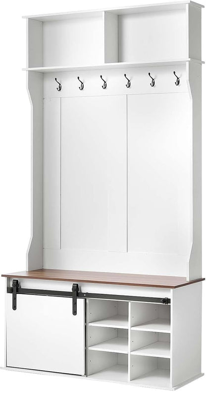 VEVOR Hall Tree with Bench and Shoe Storage, 42" Wide, Entryway Hall Tree with Bench, Hanging Hooks, Storage Shelves, Adjustable Shoe Shelves, Wooden Furniture for Mudroom, Entryway, Hallway, White