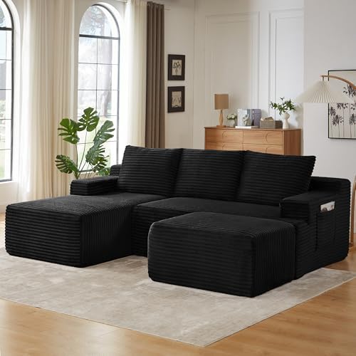 96" Sectional Couches for Living Room Cloud Couch Sofa with L-Shape Upholstered Boneless Couchs Modern Modular Sectional Couch with Chaise (Black, 96.1" U Shape with Left Facing Chaise)