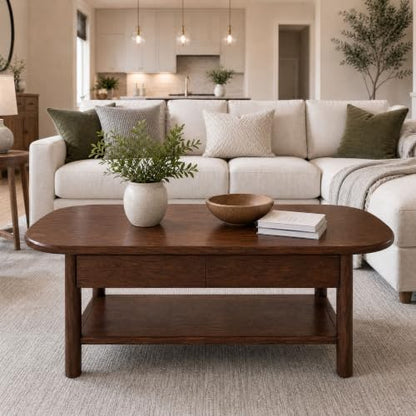 100% Solid Oak Wood Coffee Table with Storage for Living Room, 47.24"W