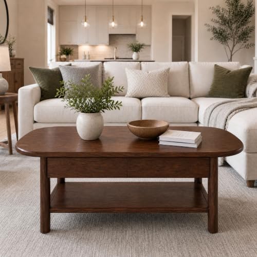 100% Solid Oak Wood Coffee Table with Storage for Living Room, 47.24"W