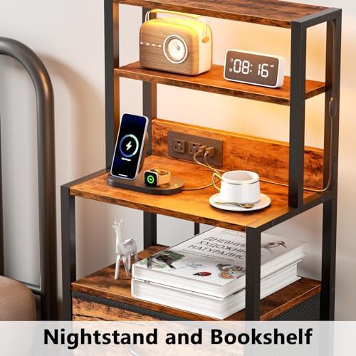 Furnulem Night Stand with Charging Station, Tall Nightstand, LED Lights
