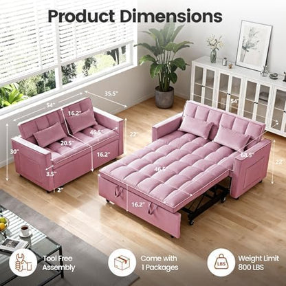 Convertible Sofa Bed, Pull Out Couch with Side Pockets, 3 in 1 Velvet Fabric Loveseat Sleeper Sofa Bed, Pull Out Couch with Adjustable Backrest for Living Room, Bedroom, Apartment, Pink